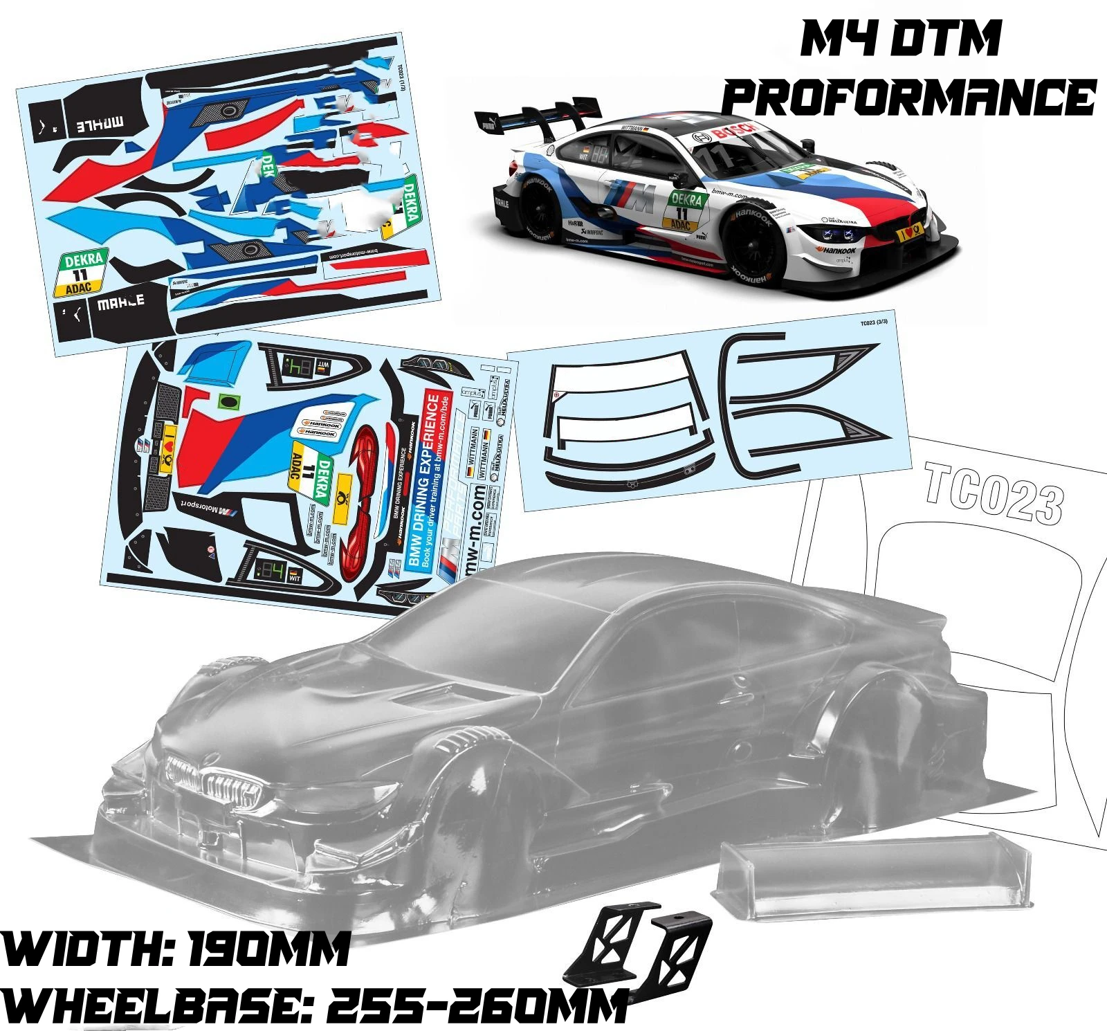 High quality M4 DTM Touring 1/10 drift RC PC body shell lampshade190mm width Transparent drift body for RC hsp hpi trax Tamiya