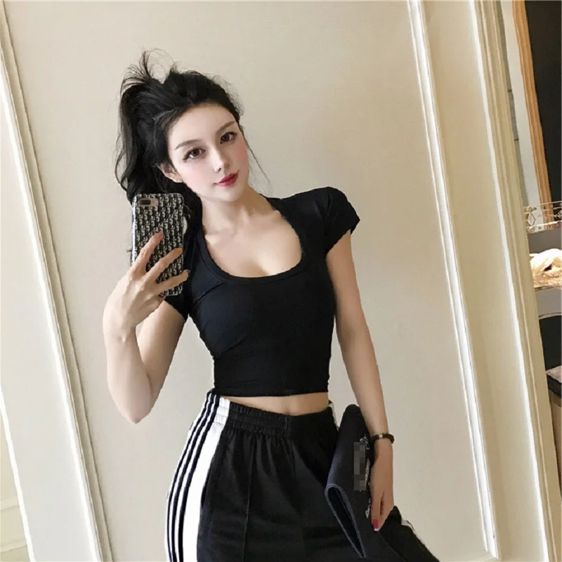 2024 Summer Slim Sports Vest Sexy Women Short Sleeve U-Neck Gray Tee Tank Tops Female Solid Black/White Korean Crop Tops Y2k