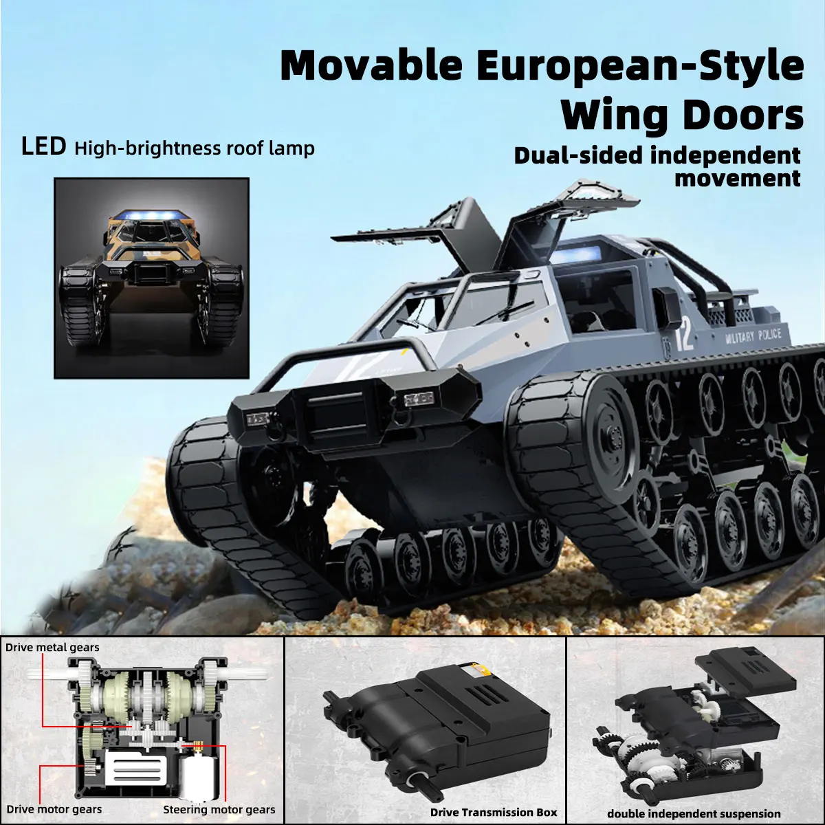 JJRC C8812 tanque con orugas a escala completa, modelo de simulación, juguete con luz LED, modelo de coche RC, Control remoto de deriva, vehículo todoterreno, regalo para niño