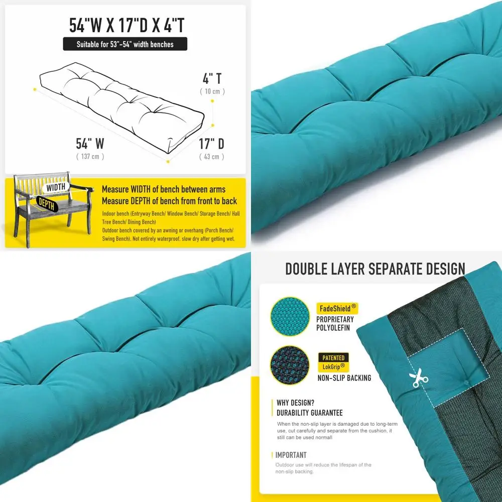 

Non-Slip Tufted Memory Foam Bench Cushion, FadeShield & Water-Resistant, Thick Outdoor/Indoor Seat Pad, 54x16x4 inches, Turquois