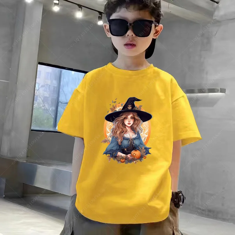 Girl T-shirt Cartoon Witch Magic Kawaii Tshirt Halloween Print T-shirts Short Sleeve Harajuku Graphic Shirts Street Kid Costume