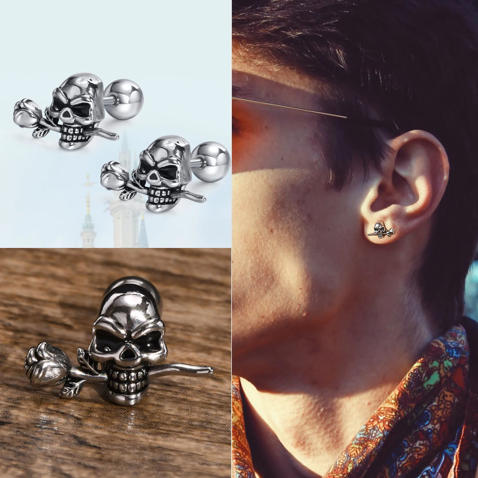 Men's Rock Gothic Skull Stud Earrings,Waterproof Stainless Steel Cool Punk Skeleton Head with Rose Earrings for Male Boy Gift