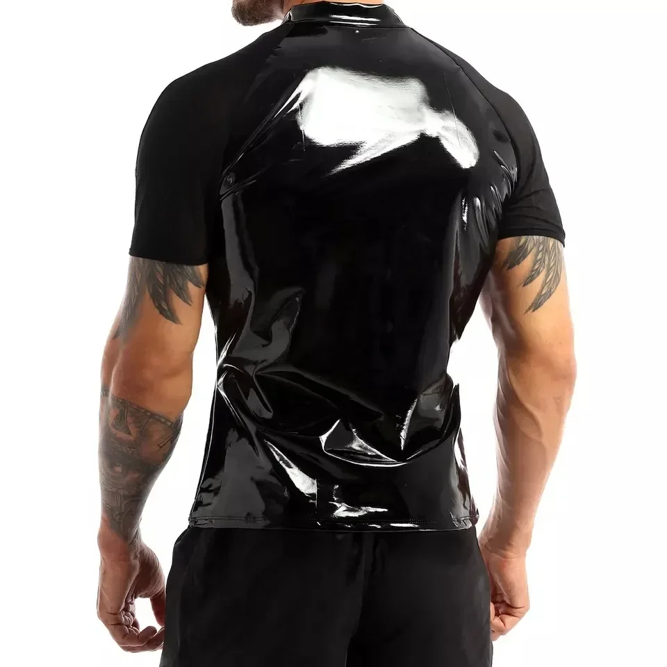 Men Black Wet Look Mesh PVC Leather Shirt Tops Short Sleeve Half Front Zipper T-Shirts Male Clubwear Latex Dance Stage Costumes