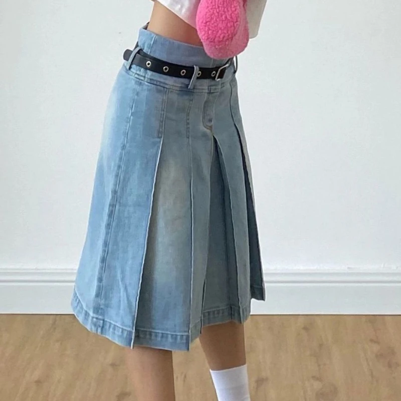 American Vintage Women\'s Denim Mid-lenth Skirts Summer New Y2K Gothic High Waist A-line Pleated Skirt Harajuku Girls Streetwear