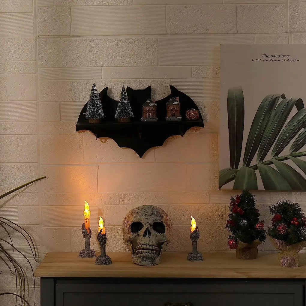 

Functional Hanging Shelf With 3 Hooks For Halloween Theme Hotel Keys Organizer Wood Bat Shelf Bat Storage Rack