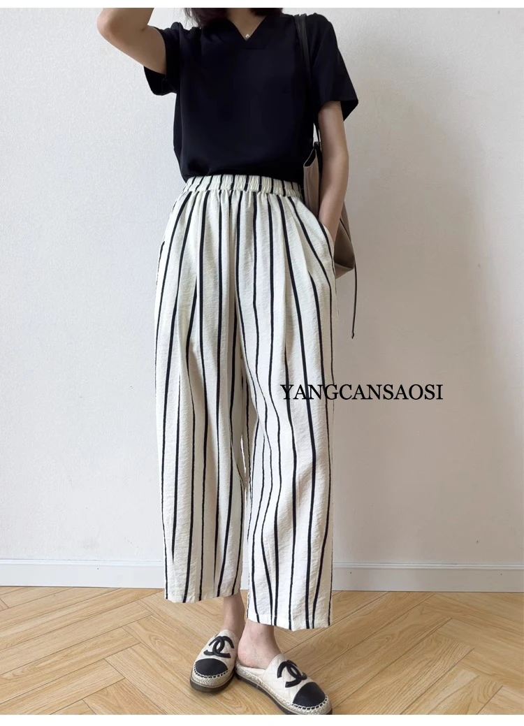 Holiday Striped Pants 76% Natural Mulberry Silk Dry Silk Texture Elastic Waist Pocket Design Women's Harem Pants