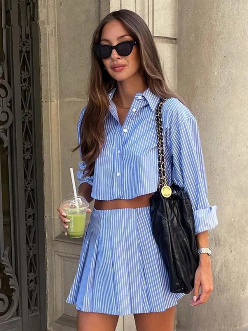 Elegant Blue Striped Print Skirt Suits For Women Fashion Long Sleeve Button Crop Tops And High Waist Pleated Skirts 2 Pieces Set