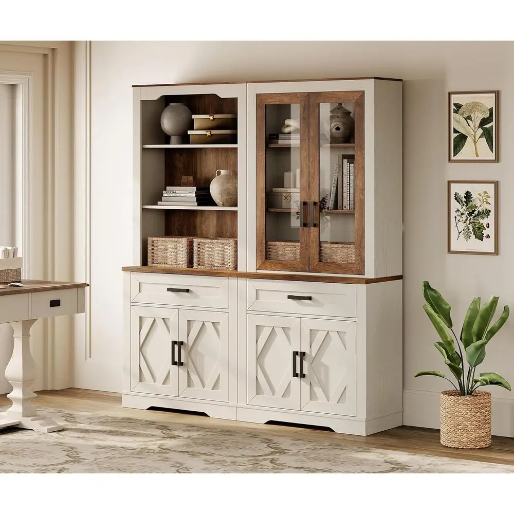 

5-Tier Rustic Glass Bookcase, 73.3 Tall, 63 Wide, Adjustable Shelves, White & Oak Finish