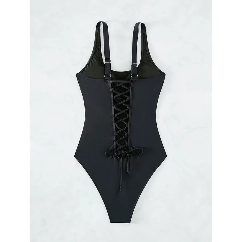 Traje de baño de talla s-xxl para mujer, bikini de una pieza con vendaje en la espalda negro, traje de baño de cintura alta, trajes de playa, bikini