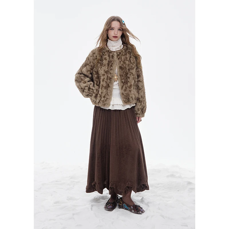 ELFSACK 2025 Zimowe Nowości Y2K Luźny, Wzorzysty, Zapinany na Guziki, Pluszowy, Ciepły Płaszcz Damski