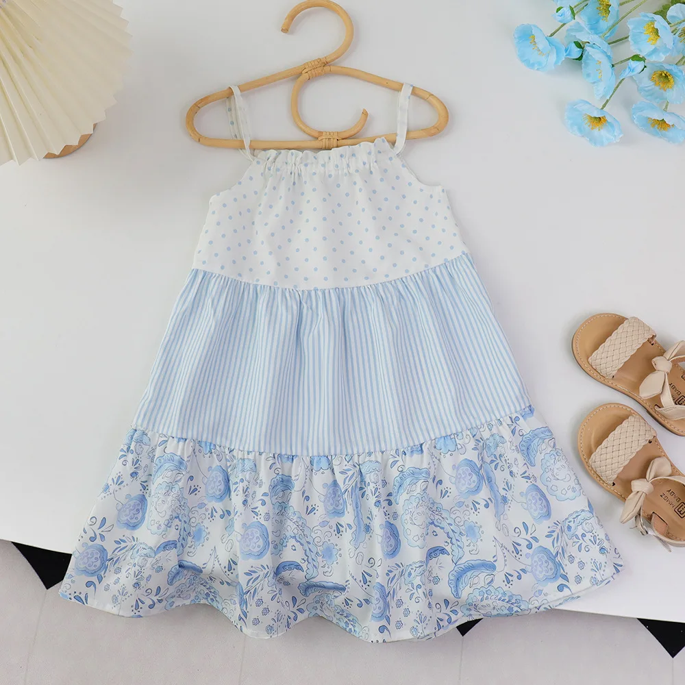 

2024 Summer New Arrival Girls Sleeveless O Neck Ruffles Patchwork Print Blue Dress Infantil Menina Cute Party Dress Custume 4-7T