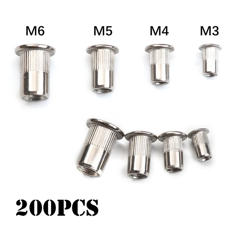 200/50pcs écrou à rivets en acier inoxydable/acier au carbone écrous à rivets à tête plate ensemble M3 M4 M5 M6 insert fileté écrous rivetés