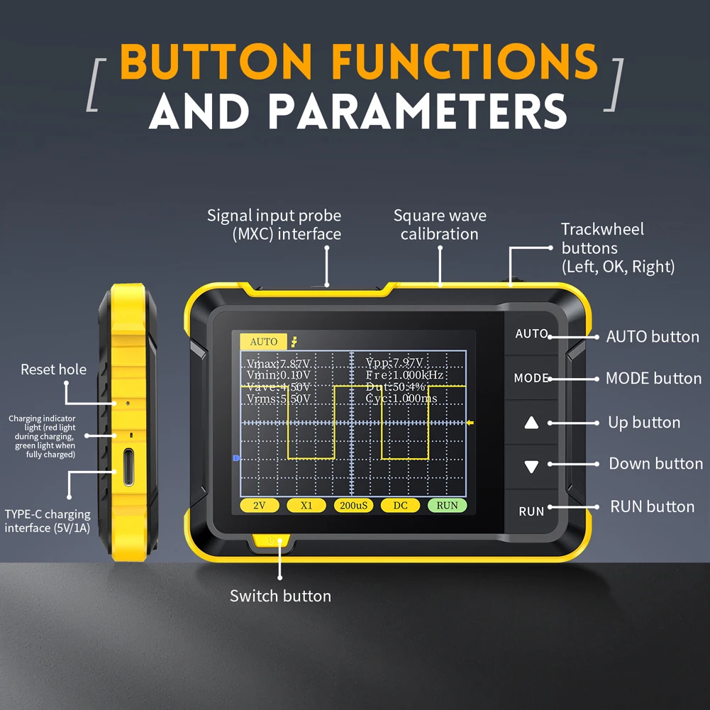 Handheld Oscilloscope 200KHz Bandwidth Portable Transistor Tester 1000mAh Electronic Component Tester 2.5MSa/s Sampling Rate