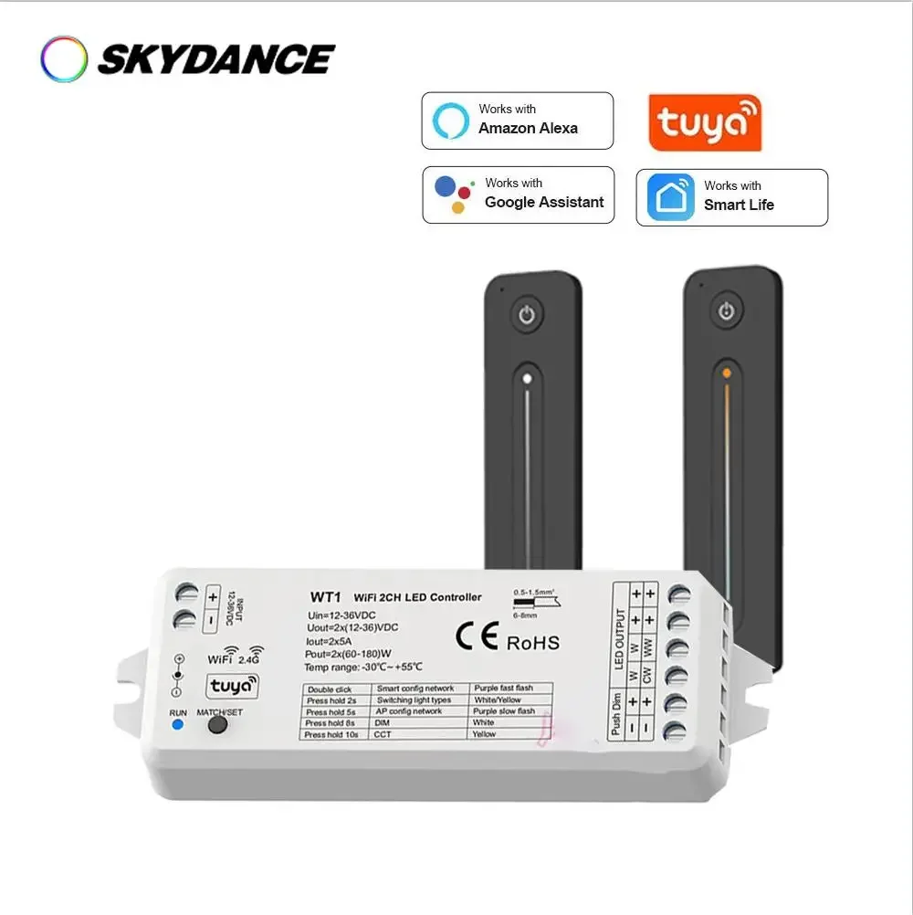 WT1 TUYA Wifi Push-Dim 2 kanałowy odbiornik 12V 24V CCT Dimmer LED Strip 2.4G RF pojedynczy kolor WW CW kontroler