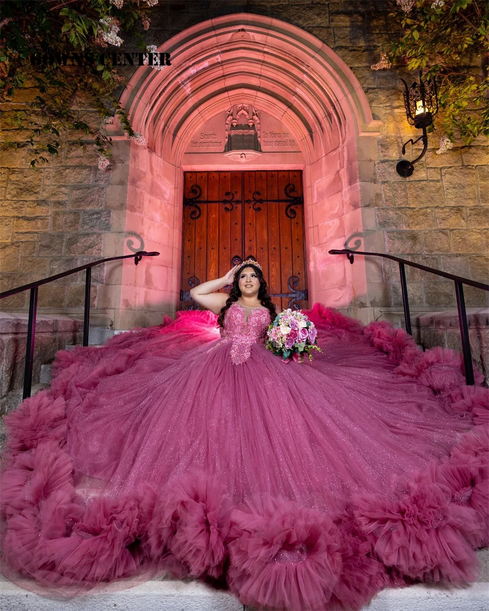 

Dark Pink Shimmery 15 Quinceanera Dresses 2024 Beaded Flowers Applique Tulle Ruched Train Ball Gown Mexican Wedding Customized
