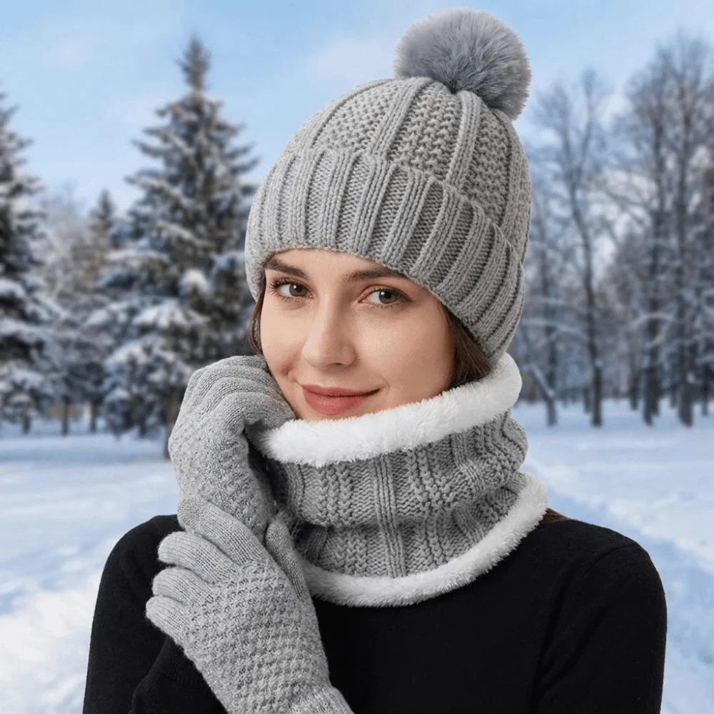 3pcs Comfortable Solid Color Hat Scarf Gloves Set Thickened Cute Pompom Knitted Hat Keep Warm with Velvet Beanie Hat Girls