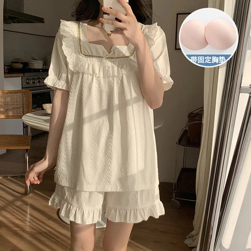 

Princess Style Pajamas with Chest Pad Women Large Size Summer Home Wear Short Sleeve Tops and Shorts Set Lace Sweet Loungewear