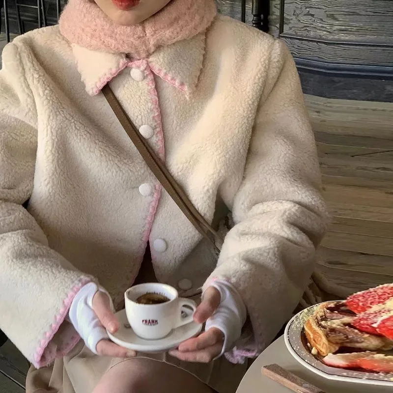 Clashing Colors Overlocking Short Jacket Coat Autumn Winter for Girls Lambwool Single Breasted Outerwears Women Stylish Tops