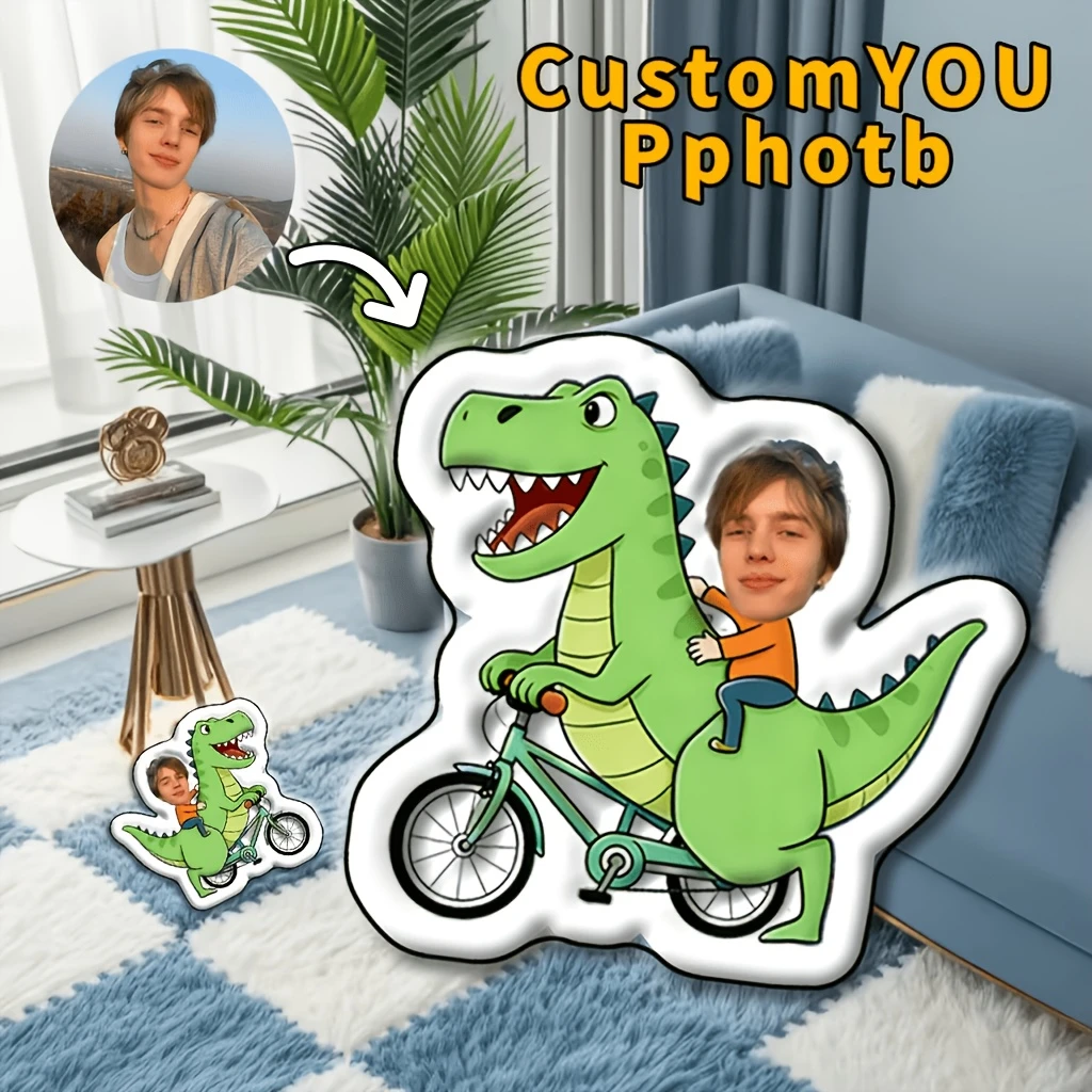 1pc-Customized Throw Pillow Funny Dinosaur Riding Bike Custom Face Pillow Personalized Photo DIY Cartoon Themed Novelty Plush To