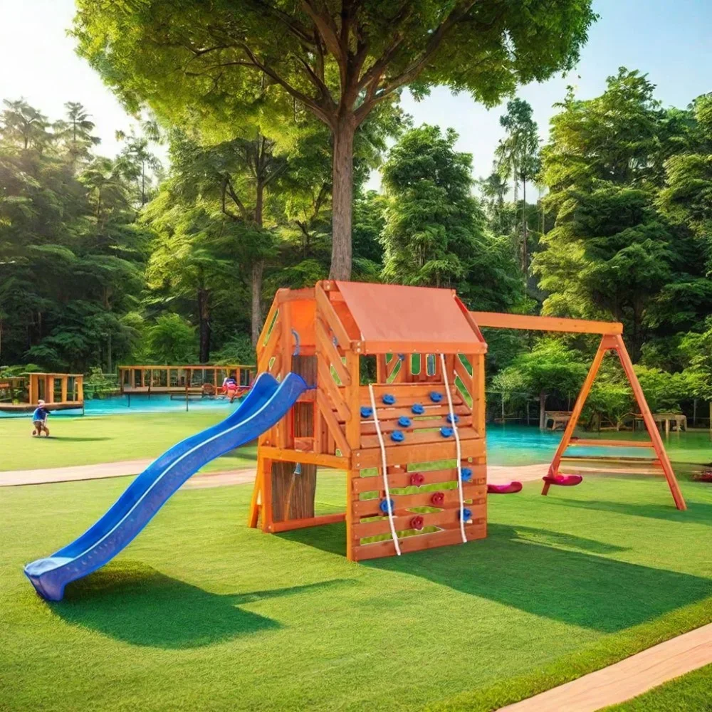 

Wholesale Outdoor Playground Equipment Multifunctional Children's Climbing Frame Slide Swing Set Wooden Playground