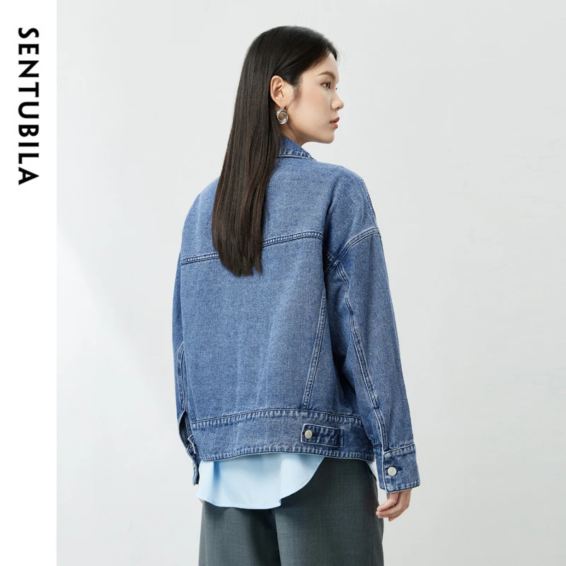 SENTUBILA 100% Cotton Denim Coat for Women 2024 Autumn Clothes Oversized Short Denim Jackets Woman Fall Outerwear  W41W54243