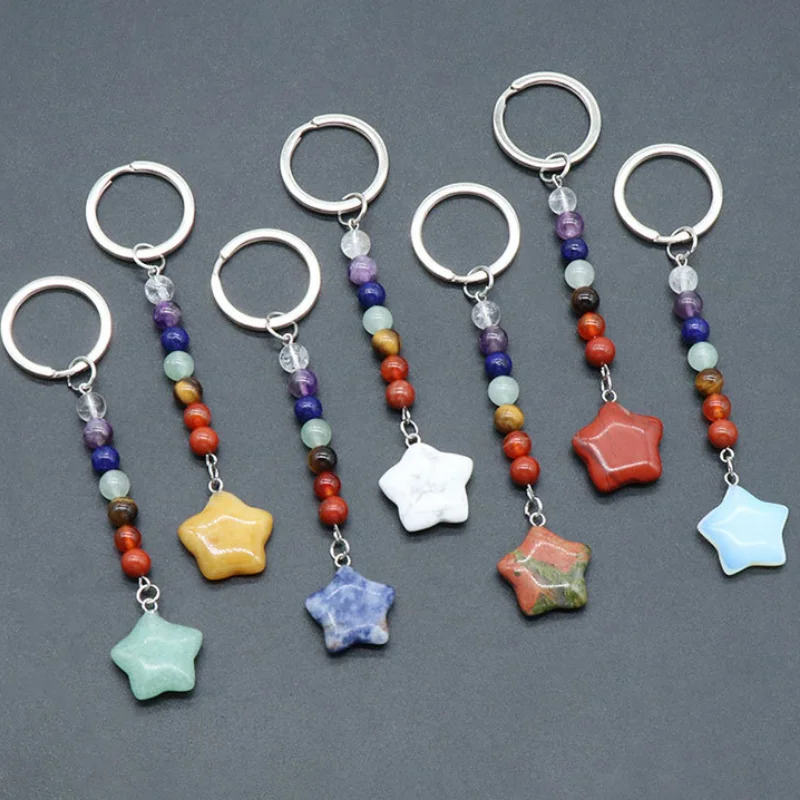 

15pcs Five Point Star Stone Key Rings 7 Colors Chakra Beads Chains Charms Keychains Healing Crystal Keyrings for Women Men