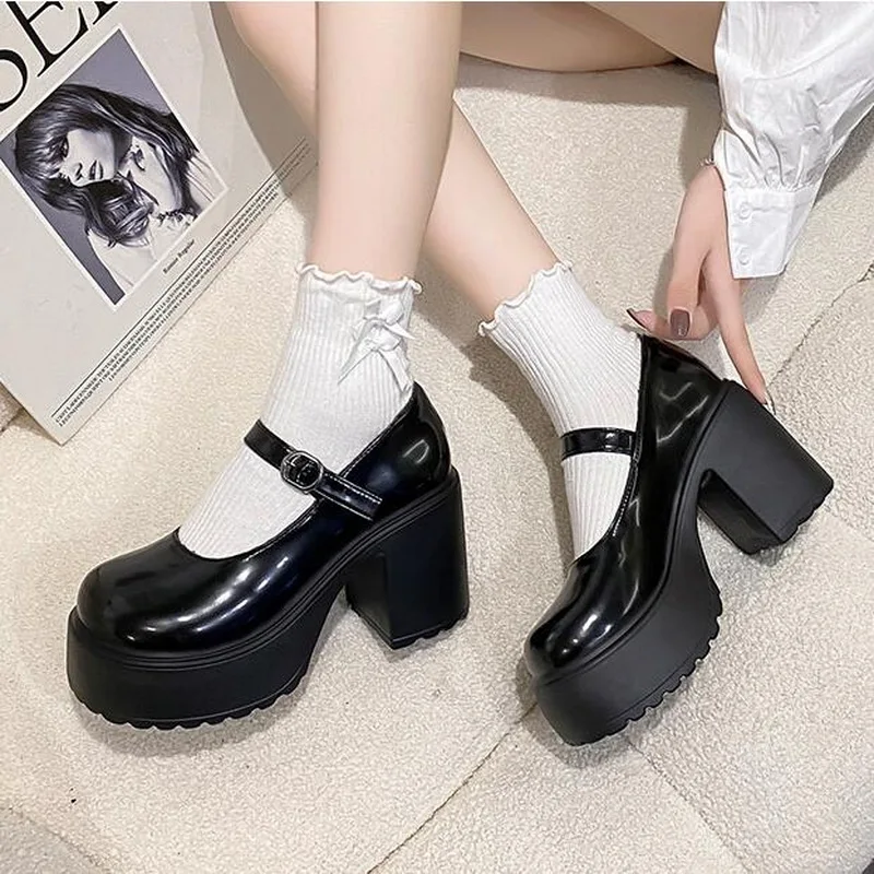 

Platform Women Pumps Mary Jane Shoes Fashion Lady Super High Heels Buckle Strap Shoes Ladies Goth Thick Heeled Party Shoes Black