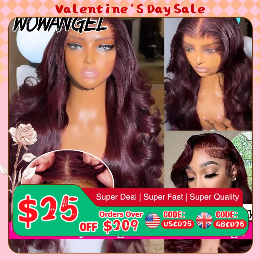 

Pre Everything 13x6 HD Парик фронта шнурка 99J Бордовый бесклеевой предварительно вырезанный парик с объемной волной Парики из человеческих волос Бразильские волосы для женщин