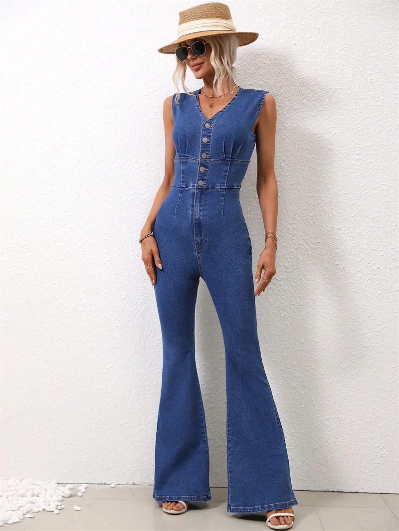 Fashion Denim Jumpsuits Summer Clothing Women 2026 Sleeveless Slim Fit Flare Jeans Rompers Playsuits One Pieces Overalls Outfits