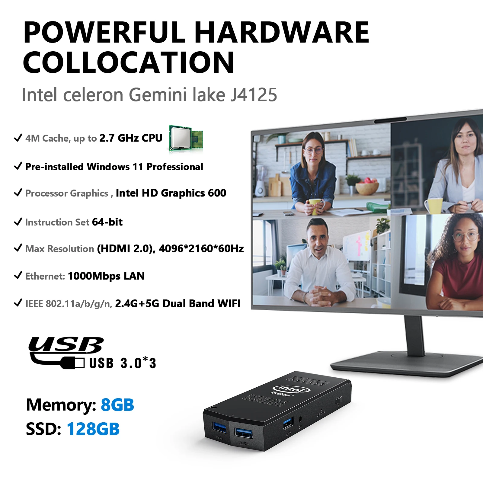 جهاز كمبيوتر صغير Stick Intel Celeron N4020/J4125 يصل إلى 2.7 جيجا هرتز 8 جيجا بايت رام 128 جيجا بايت 256 جيجا بايت ويندوز 11 كمبيوتر، جيب NUC، 4K HDMI، Dual WiFi LAN