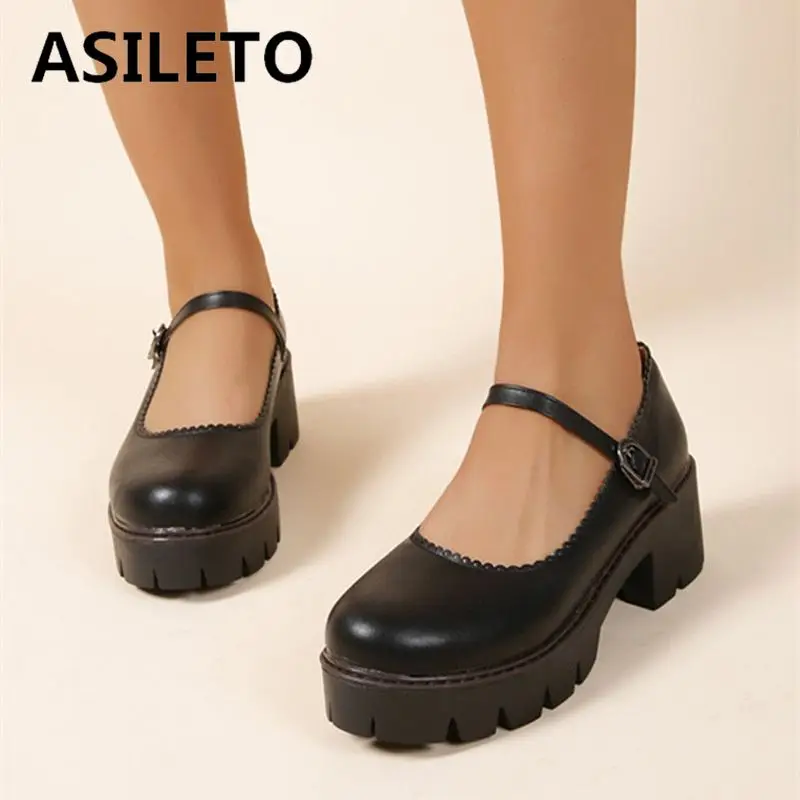 SIMLOVEYO New Design Female Pumps Round Toe Block Heels Platform Buckle Strap Plus Size 41 42 43 Girls Leisure Mary Janes Shoes