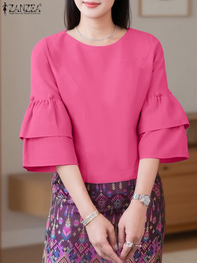 

ZANZEA 2025 Spring Work Blouse Women Ruffled Tops Casual Loose Blusas Fashion O Neck 3/4 Sleeve Tunic Solid Color Pullovers