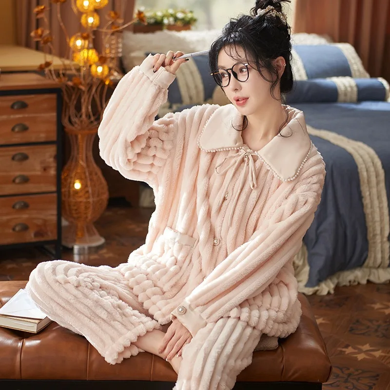 New Women Pyjamas Sets 2022 Autumn Winter Warm Flannel Thick Homewear Long Sleeve Cartoon Sleepwear Female Pajamas Suit Wearable