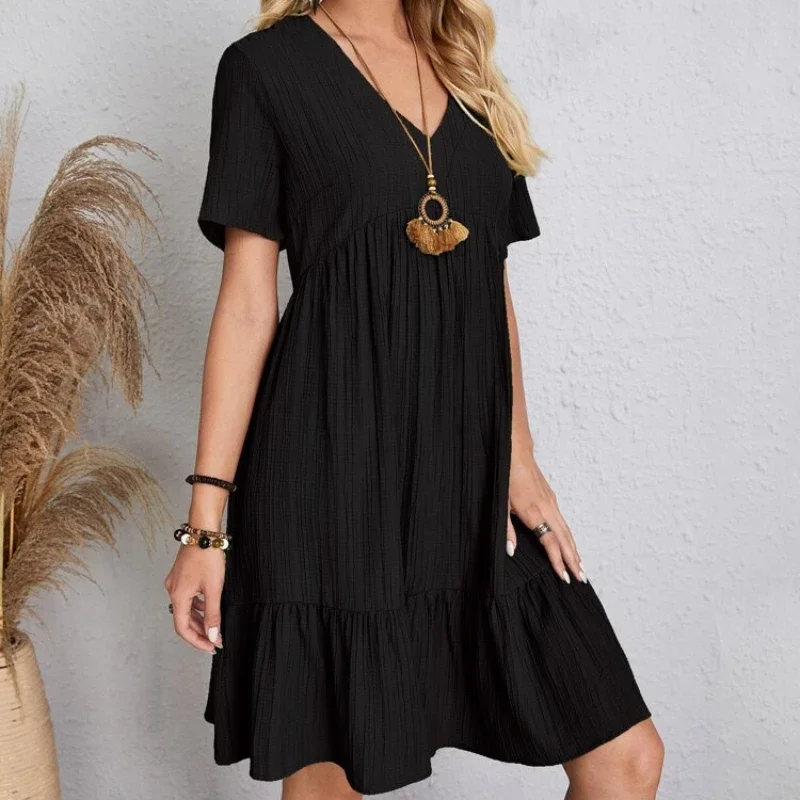 Summer Women Vintage Dresses 2025 Solid Casual V Neck Ruffles Mini Dress Ladies Boho Loose Beach Elegant Dresses Vestidos Robe
