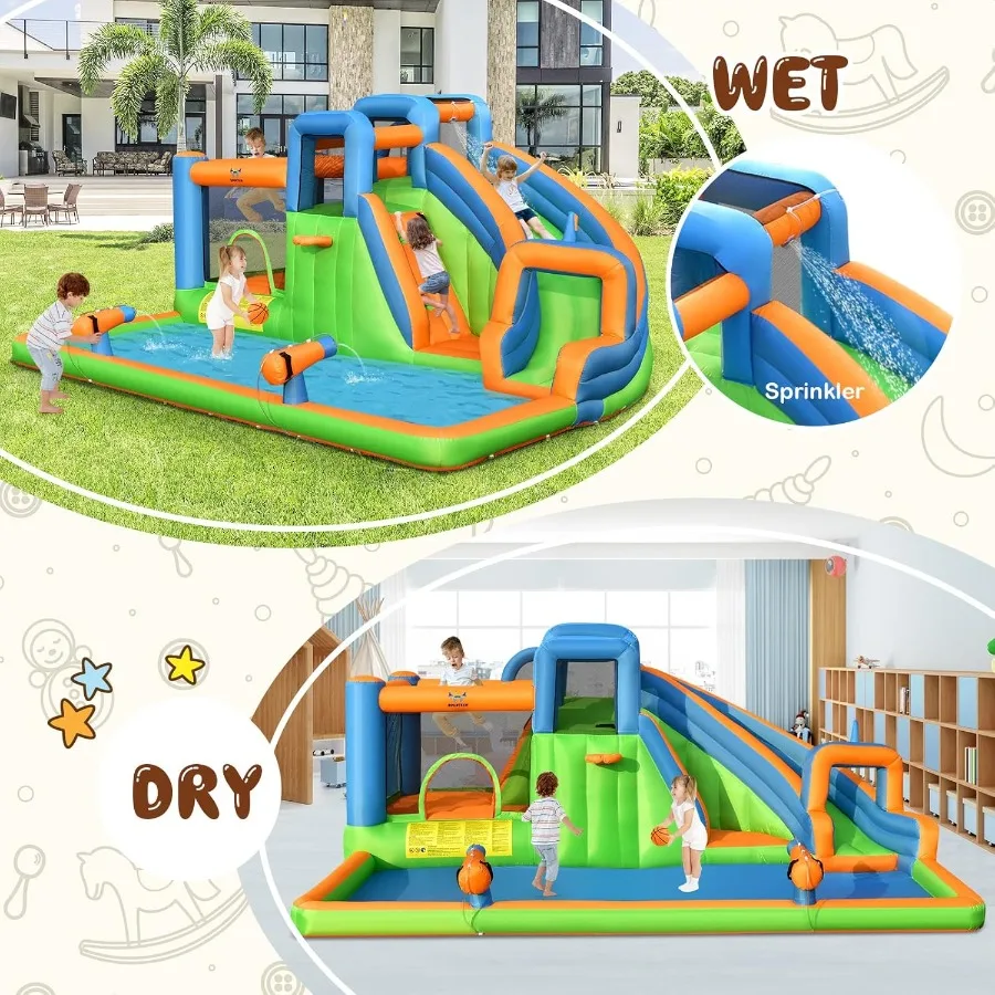 Tobogán acuático inflable, casa gigante de rebote para parque acuático 7 en 1 para patio trasero al aire libre, piscina contra salpicaduras, cañones de agua y paredes trepadoras,