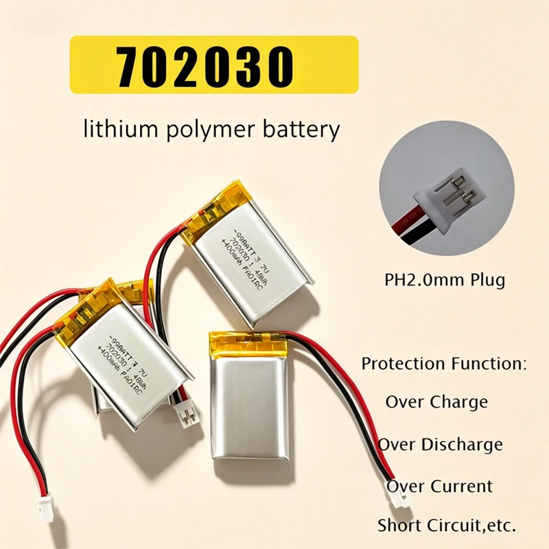 702030 Lithium Battery 3.7v 400mAh Polymer LiPo Rechargeable Batteries Ph2.0mm for Beauty Instrument Recorder Power Tool Watch