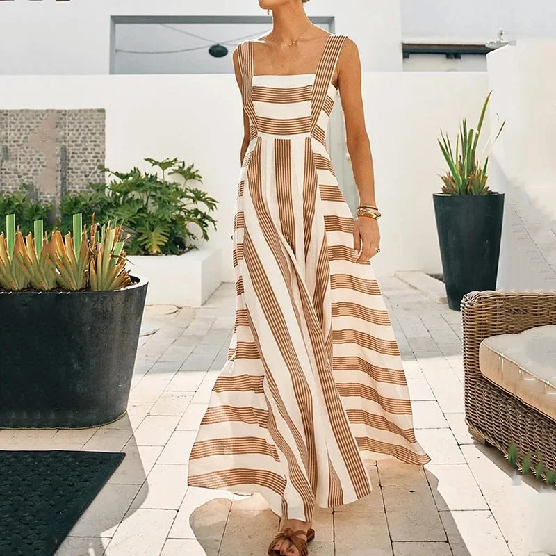 Ellafads Frauen Maxi kleid Sommer lässig Strand ärmellose gestreifte bedruckte quadratische Hals gekniffen Taille rücken freie lange Kleider