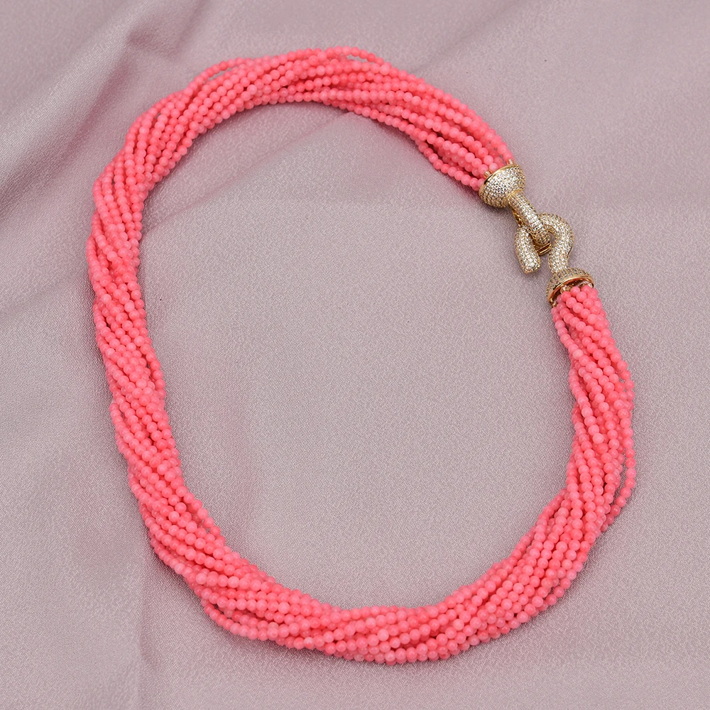 

GG 19" 14 Rows Natural Pink Coral Round Beads Gems Chokers Necklace Multi Strands Necklace CZ Clasp For Women