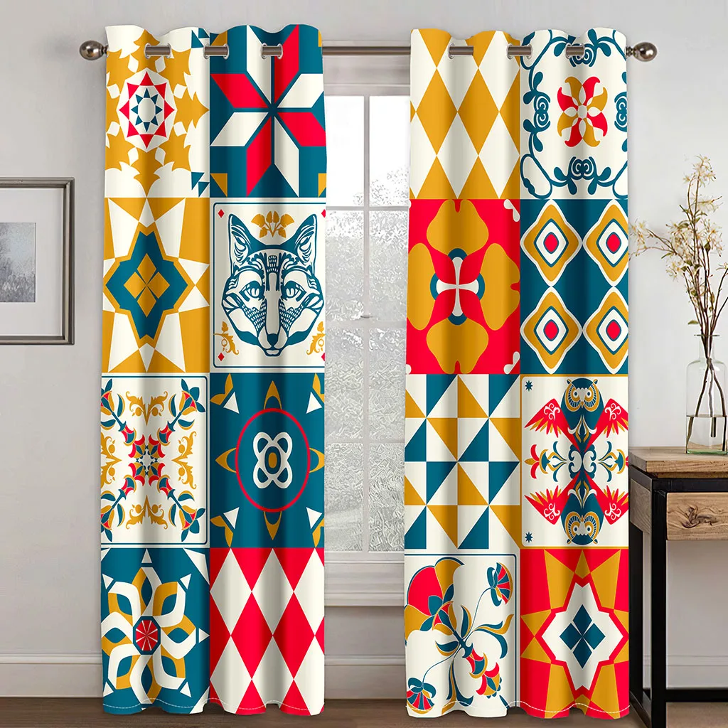 European Bohemian Style Color Grid Print Curtains 2 Panel Moroccan Home Living Room Bedroom Study Window Decoration image 4