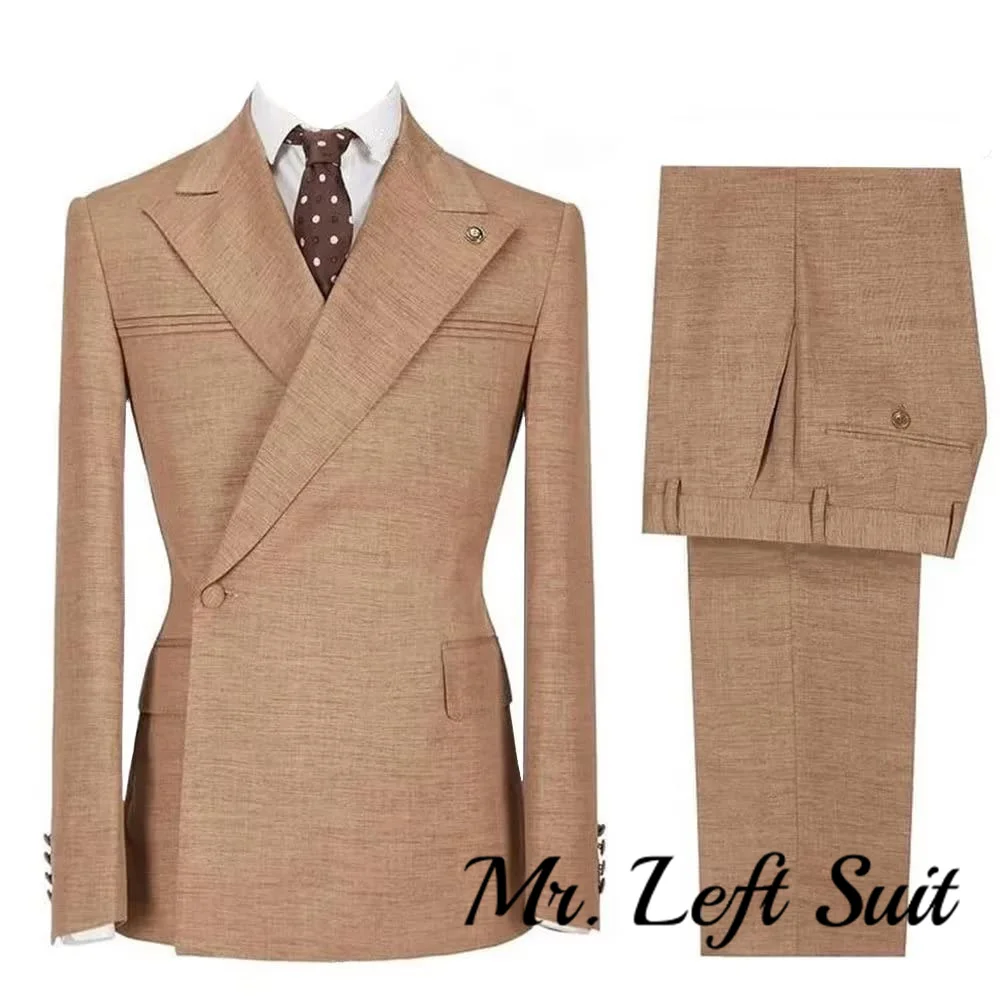 Men's 2 Piece Linen Suits Slim Fit Summer Double Breasted Blazer for Beach Wedding Vintage Tuxedos Set Office Wear