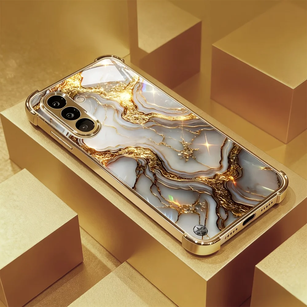 Golden marble patterned glass phone case suitable for Samsung Galaxy S26 S25 S24 S23 S22 S20 FE/Ultra/Plus anti drop back cover