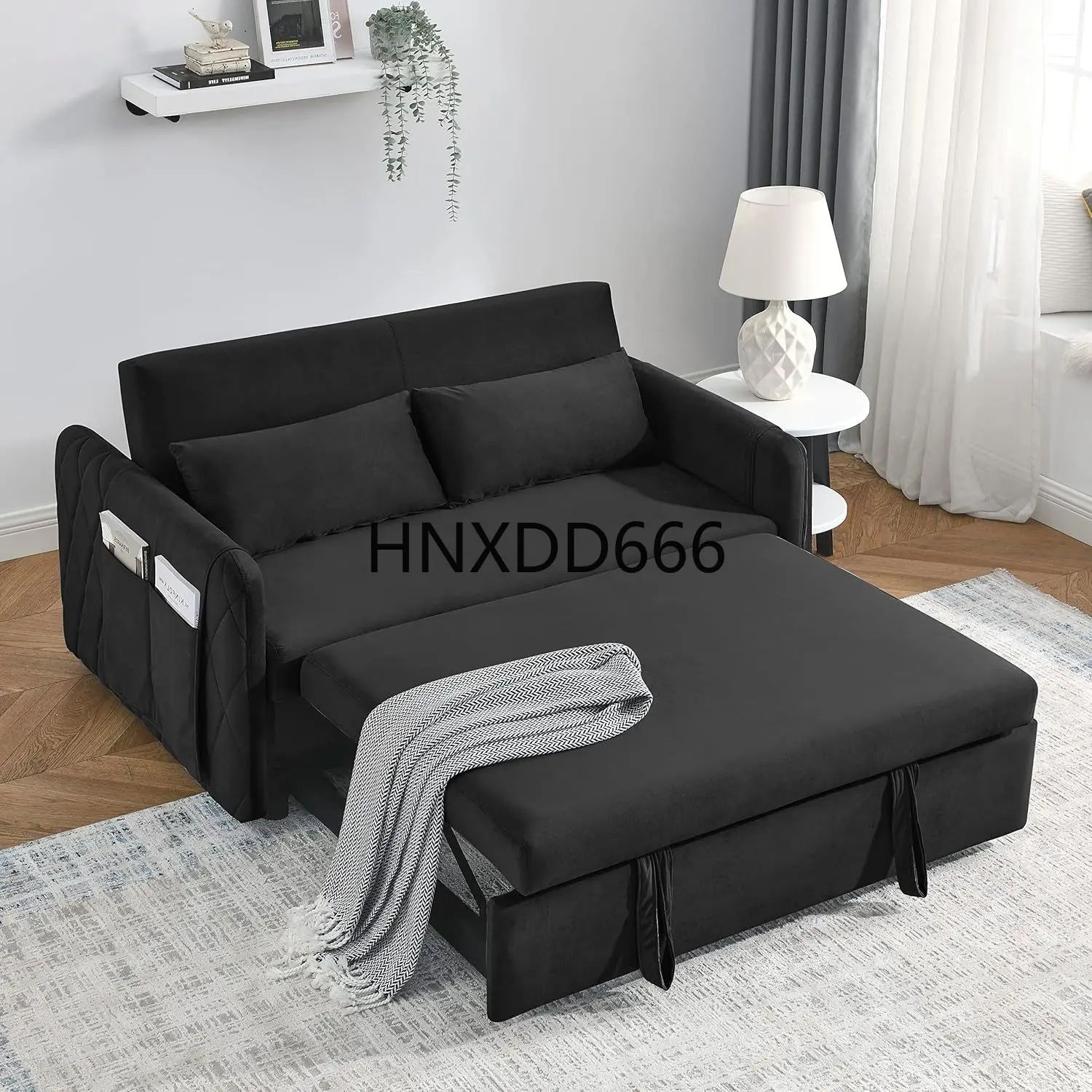

55" Loveseat with Pull Out Bed, 3 in 1 Convertible Velvet Sleeper Sofa Bed with Adjustable Backrest & 2 Pillows, 2 Arm Pocket