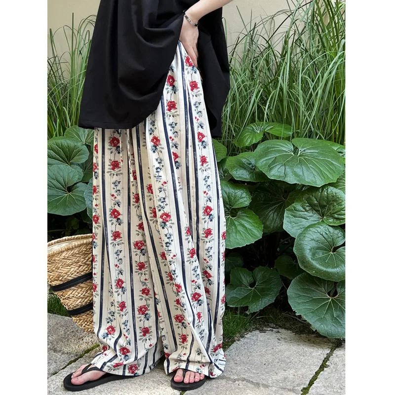 

Summer Floral Print Wide Leg Pants Women's Elastic Waist Drawstring Korean Holiday Style Casual Trousers