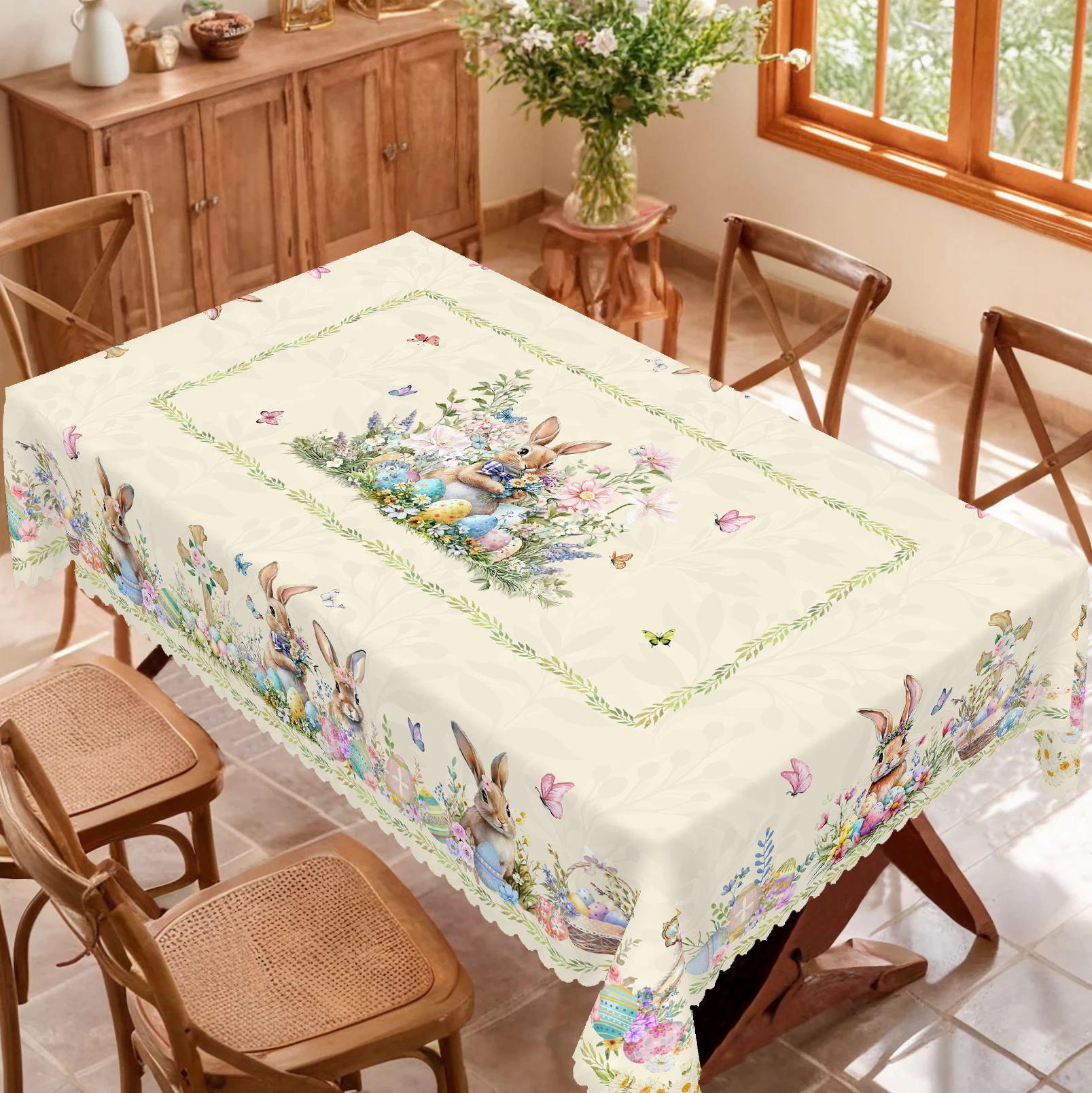 1 Easter Round Tablecloth, 5 Sizes Available, Easter Cross Rabbit Egg Print Tablecloth, Edge Embossing Process, Spring Garden Tablecloth Decoration,