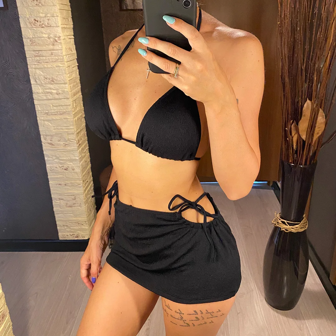 3-teiliges Set mit Rock, geraffter brasilianischer Bikini, Damen-Badebekleidung, dreiteiliger Bikini, Badeanzug, Badebekleidung, Schwimmbekleidung V3923 – Detail 14