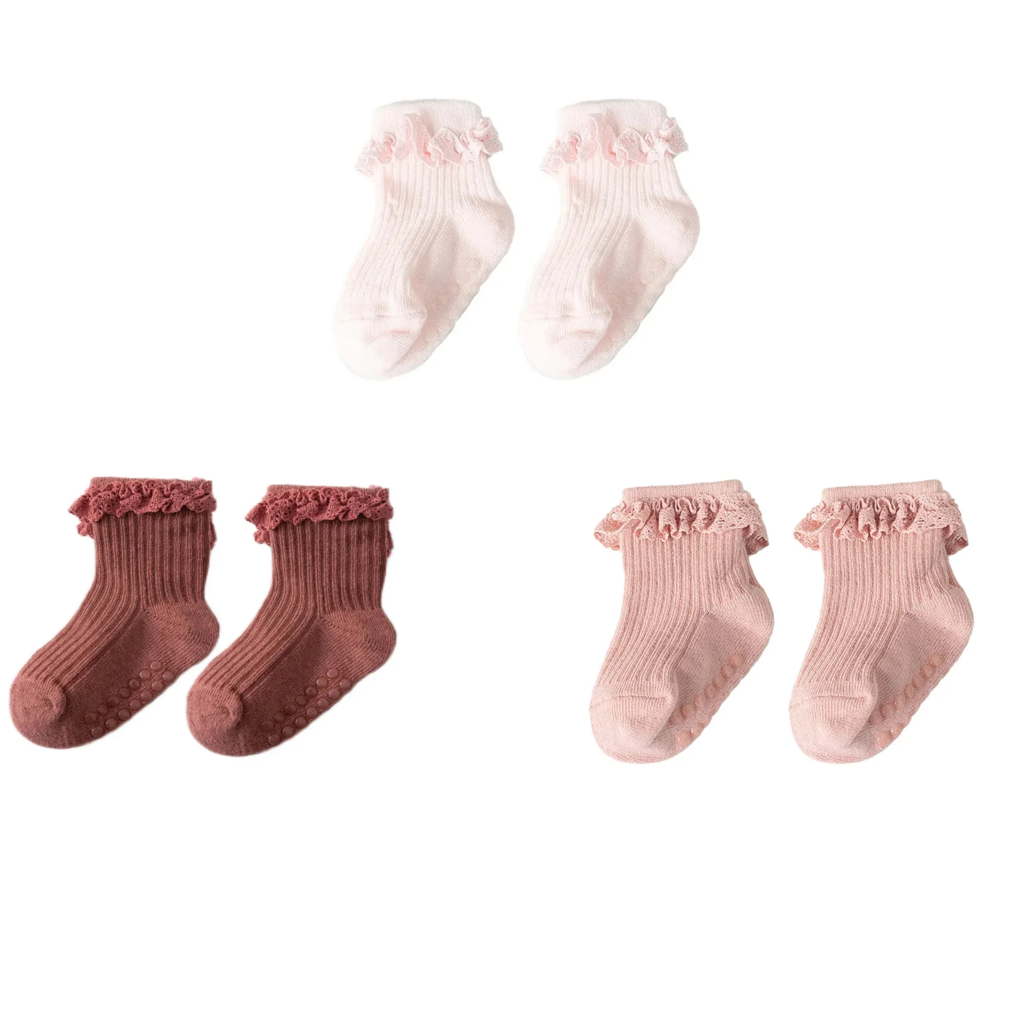 3pairs/lot Infant Girl Cute Lace Sock Ribbed Childrens Girls Non-slip Socks Solid Breathable Ankle Socks 0-5Y Kid Girls Socks