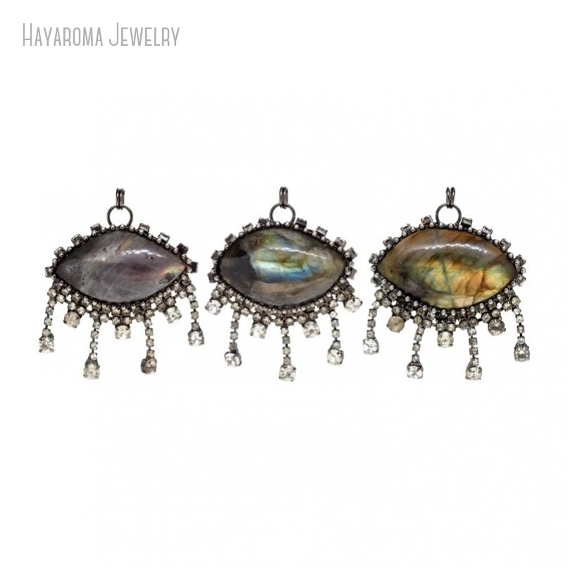 10Pcs Jewelry Vintage Wholesale Islam White Rhinestone Antique Silver Color Semi-precious Stone Labradorite Pendant