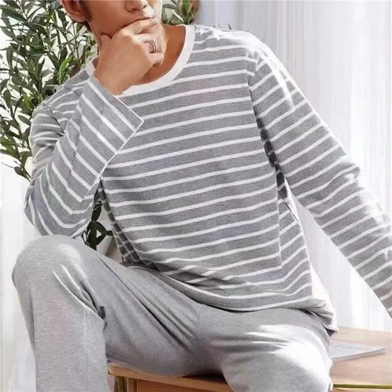 

Party Stripe Letter Long Print Resting Set Pants Men O-neck Sleeve 6 Home Soft Sleeping Colors Top Lattice Pajama Nightwear