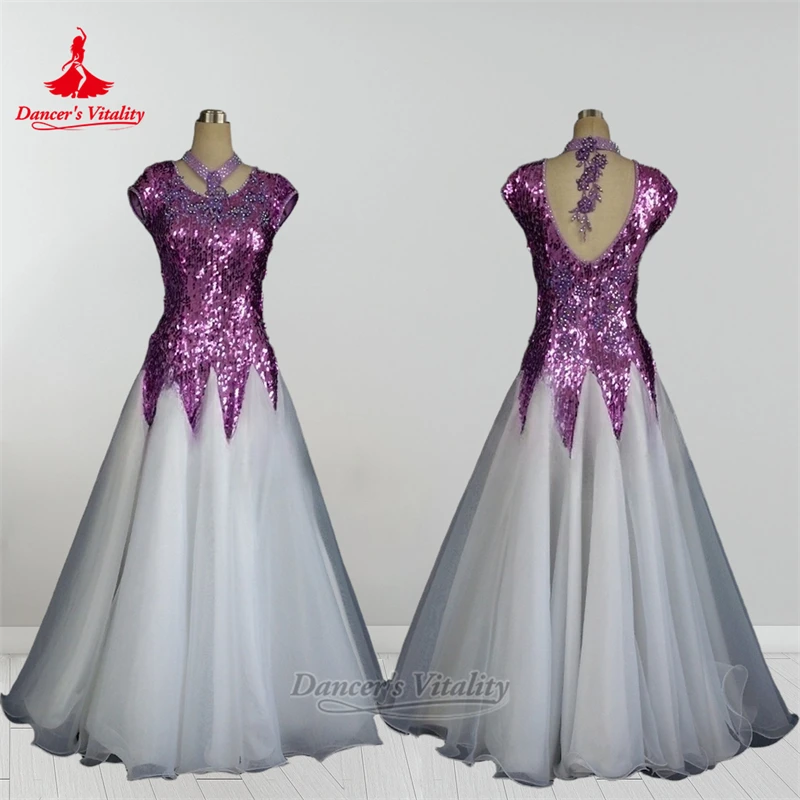 

Одежда для взрослых Quickstep Румба Танго, жизненная танцовщица, женские платья для социальных танцев, фиолетовые и белые платья с ожерельем по индивидуальному заказу