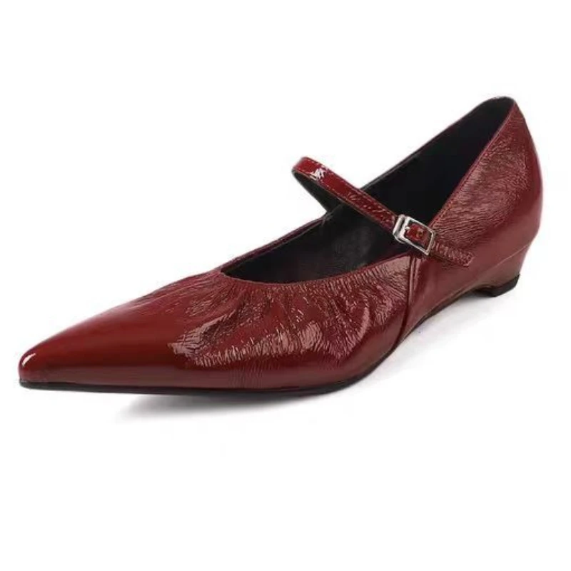 

Leather Pleated Low Heel Pointed Toe Women Shoes Buckle Elegant Office Shoes Shallow Comfy Concise Fashion Mary Jane Shoes Women